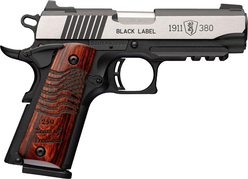 Side view of a semi-automatic pistol with a wooden grip, a stainless slide labeled 'BLACK LABEL' and '1911 .380'