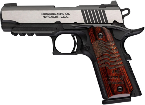 Semi-automatic pistol with a silver slide and wooden grip labeled Browning Arms Co.