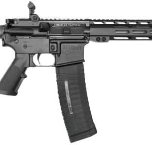 Black assault rifle with a collapsible stock, mid-length handguard, and a curved magazine inserted.