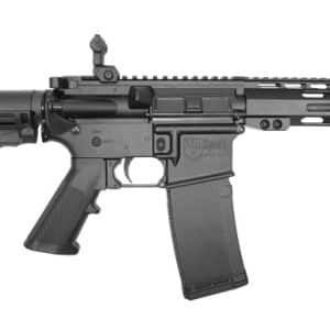 Black tactical semi-automatic rifle with collapsible stock, Picatinny rail, and 30-round curved magazine