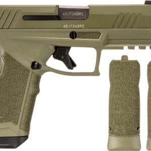Desert-tan handgun with textured grip and two magazines placed beside it.