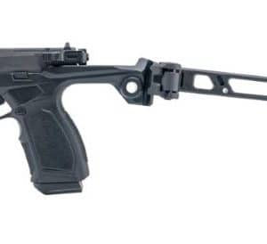 Black semi-automatic pistol with a folding/adjustable stock extended to the right.