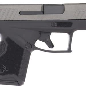 Compact semi-automatic handgun shown in profile with black textured grip and gray slide.