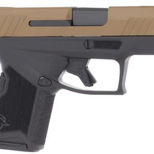 Semi-automatic pistol shown in profile, with a tan upper slide and black grip.