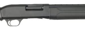 Black pump-action shotgun shown in profile with a long barrel and synthetic stock.