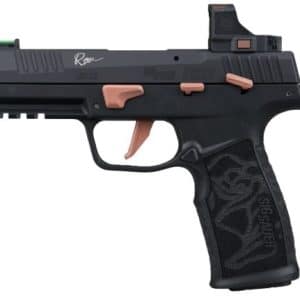 Black semi-automatic pistol with rose-gold accents, textured grip, and a mounted red-dot sight.