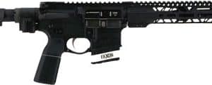 Black semi-automatic rifle with adjustable stock, pistol grip, and quad-rail handguard.