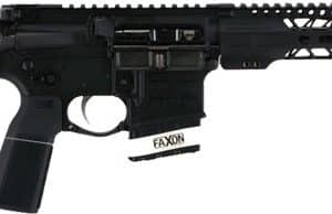 Black AR-style semi-automatic rifle with adjustable stock, pistol grip, and long modular handguard on a white background.