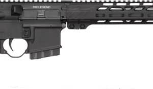Black AR-style semi-automatic rifle with collapsible stock and long modular handguard viewed in profile