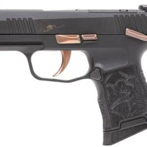 Side view of a compact black semi-automatic pistol with a textured grip and copper-colored trigger and accents.