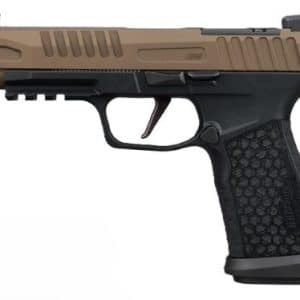 Side profile of a semi-auto pistol with a tan slide and black textured grip, viewed from the left.