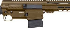 Brown modern assault rifle with adjustable stock, long handguard, and magazine attached
