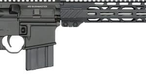 Black semi-automatic rifle with adjustable stock, pistol grip, quad-rail handguard, and magazine
