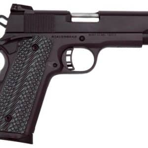 Side view of a black semi-automatic pistol with a textured grip and visible sights on the barrel