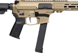 Tan and black AR-style rifle with collapsible stock, quad-rail handguard, and a downward magazine.