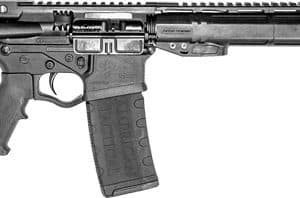 Black semi-automatic rifle with adjustable stock, pistol grip, and detachable magazine.
