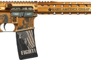 AR-15 style rifle with an orange finish, featuring patriotic decals and the slogan 'Make America Great Again' along the handguard; black stock and grip.