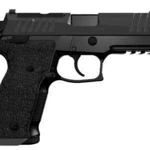 Side view of a black semi-automatic pistol with a textured grip and metal slide, shown in profile.