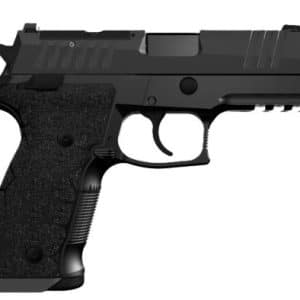 Black semi-automatic pistol shown in profile with textured grip, trigger guard, and accessory rail.