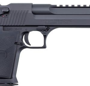 Side view of a black semi-automatic pistol with a textured grip and trigger guard.