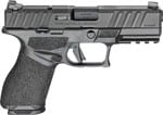 Black semi-automatic pistol in profile with a textured grip and accessory rail.