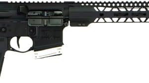 Black AR-style semi-automatic rifle with a collapsible stock, pistol grip, magazine inserted, and a long modular handguard with rail sections.