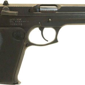 Side view of a black semi-automatic handgun with textured grip and external safety/manual slide features.