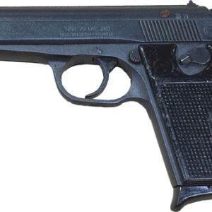 Side view of a black semi-automatic pistol with a textured grip.