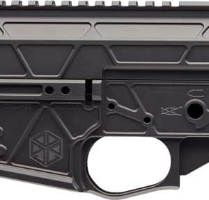 Close-up of a black AR-style rifle lower receiver with rail, grip, and trigger guard details.