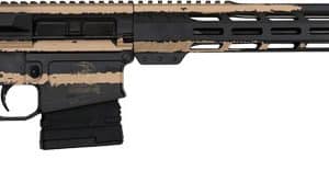 Long rifle with black and tan camouflage, featuring a modular handguard, pistol grip, and receiver with a picatinny top rail.
