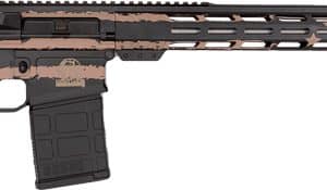 AR-style rifle with tan camouflage, pistol grip, detachable magazine, and long rail handguard on a black stockarkitecture?
