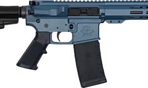 Blue and black AR-style semi-automatic rifle with collapsible stock and detachable curved box magazine.