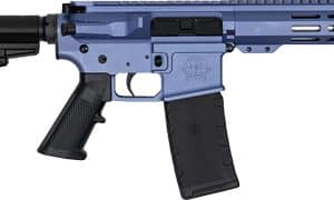 AR-style blue and black rifle with adjustable stock, quad-rail handguard, and curved magazine