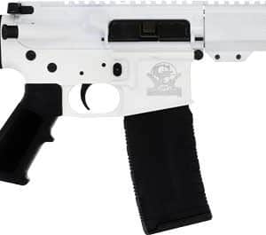 White and black assault rifle with a suppressor and short mag pulled from its handguard, shown in profile