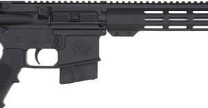 Black AR-15 style rifle with an adjustable stock, pistol grip, and a long ventilated handguard ending in a muzzle device.