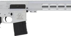 Semi-automatic rifle with adjustable stock, black pistol grip, silver upper and long vented handguard with a muzzle brake at the front