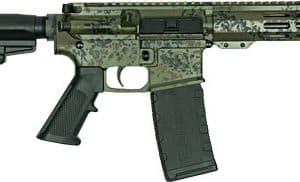 Camouflage-pattern AR-style assault rifle with collapsible stock and curved magazine