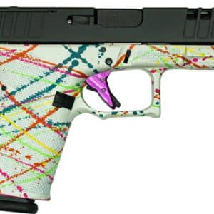 White semi-automatic pistol covered in multicolored paint splatters on a white frame with a black slide.