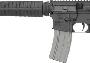 AR-15 style semi-automatic rifle with a detachable magazine, ribbed handguard, and adjustable stock seen from the side