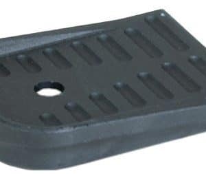 Black rectangular plastic base with parallel grooves and a central hole, likely a mounting or stabilizing plate.