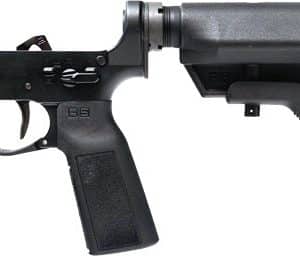 Black semi-automatic rifle shown in profile with a collapsible stock and handgun grip.