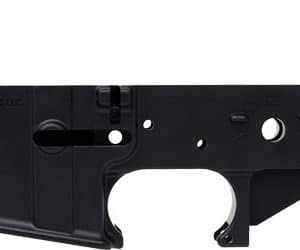 Black AR-15 lower receiver showing the trigger guard and mag well (no stock).