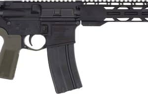 Black and tan semi-automatic rifle with adjustable stock, quad-rail handguard, and curved magazine.