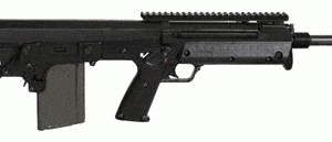Black tactical rifle with a curved magazine inserted and a top rail for accessories.