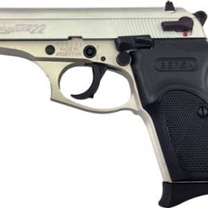Silver and black semi-automatic pistol with a textured grip labeled Thunder 22 on the slide.