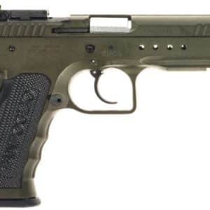 Olive green semi-automatic pistol shown in profile with a textured grip and exposed trigger guard.
