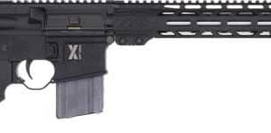 Side view of a black semi-automatic rifle with a collapsible stock, pistol grip, and long rail handguard.