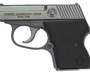 Compact pistol with a silver slide and black grip, marked North American Arms, Provo, Utah, shown in side view