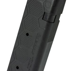 Black pistol magazine with a red follower at the top, used to feed ammunition into a handgun.