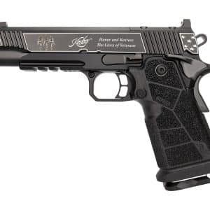 Side view of a black semi-automatic pistol with engraved gray panels and a star-pattern grip.”, “Close-up of a Kimber pistol with veteran-themed engravings on the slide and a textured grip.”, “Profile of a handgun showing decorative panels with ‘Honor and Restore The Lives of Veterans’ inscription.”, “Black firearm featuring military-themed engravings and a star motif on the grip.”, “Decorative handgun image with veteran tribute engravings on the slide.”]} }```? Wait JSON has quotes. Remove trailing stray characters. Ensure proper JSON. Let's output clean. Also ensure no smart quotes. Let's provide.````...``` Not necessary. Provide correctly formatted. Remove backticks. Let's finalize.```json ...``` No extra. Let's output. (In expected format: {